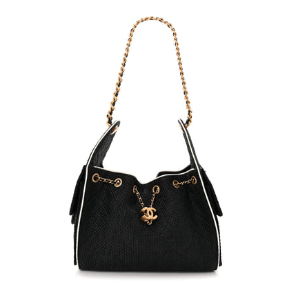 Chanel Braided Raffia Calfskin Small Chanel 25 Handbag Black White 1 of 11