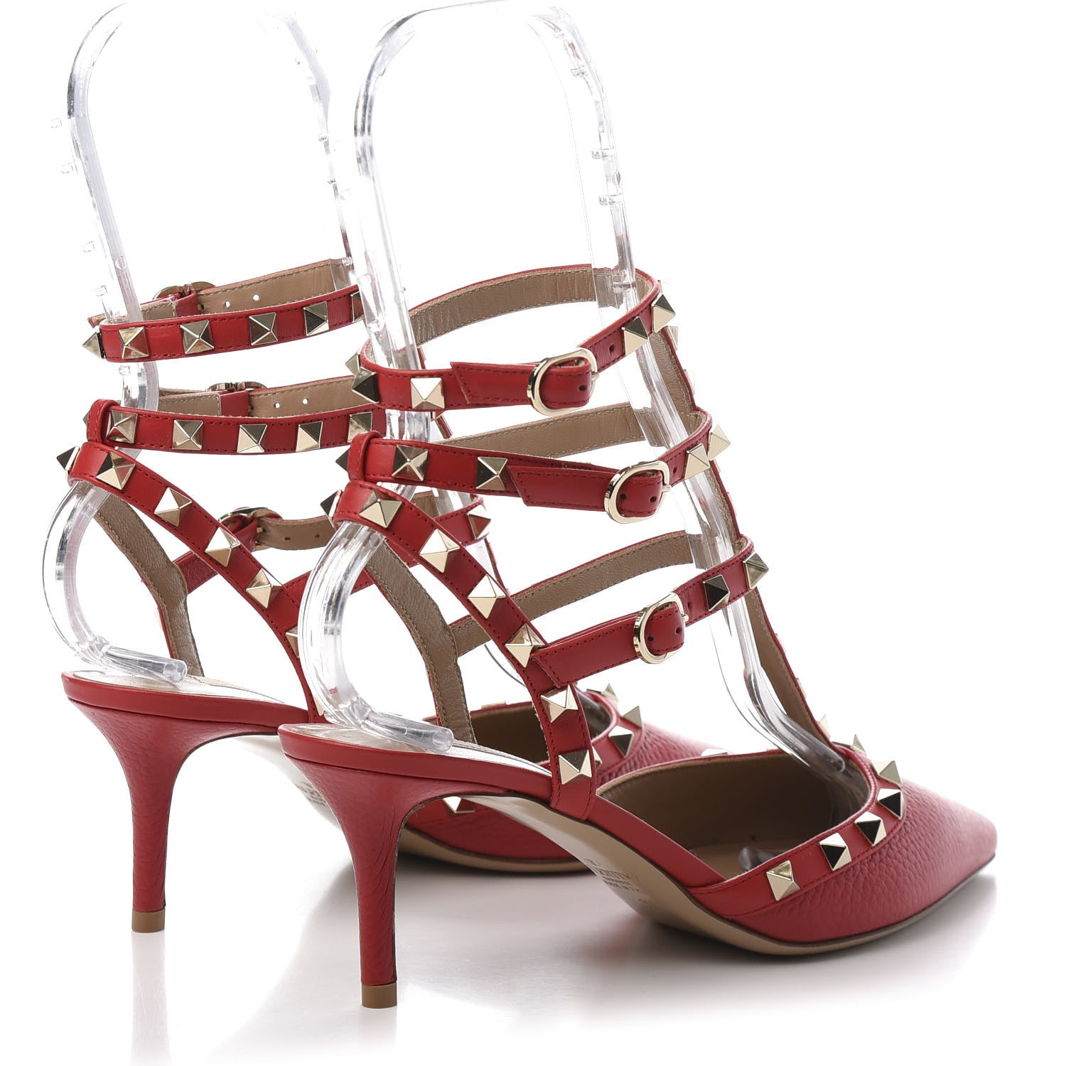Valentino Garavani Pebbled Calfskin Rockstud Ankle Strap Low Heel Pumps 37 Rosso 4 of 9