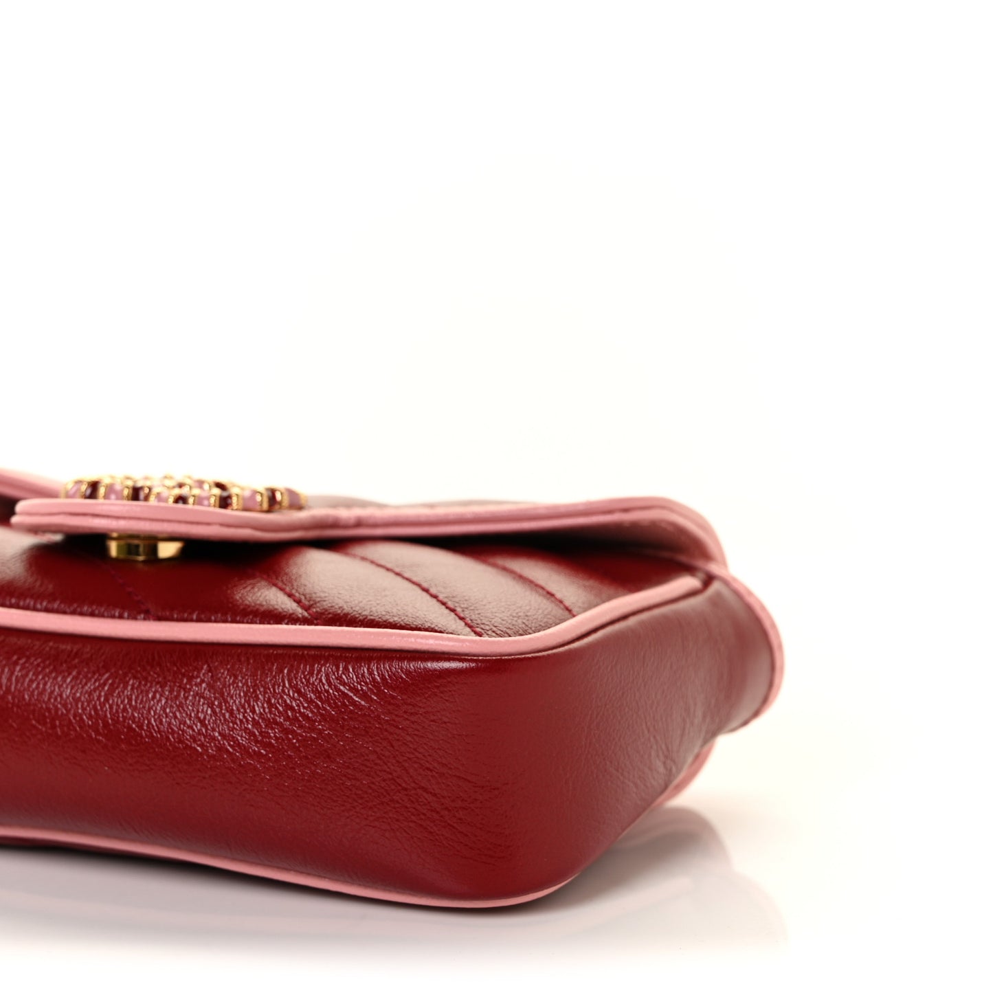 Azalea Calfskin Enamel Matelasse Diagonal Super Mini Torchon GG Marmont Shoulder Bag New Cherry Red Wild Rose