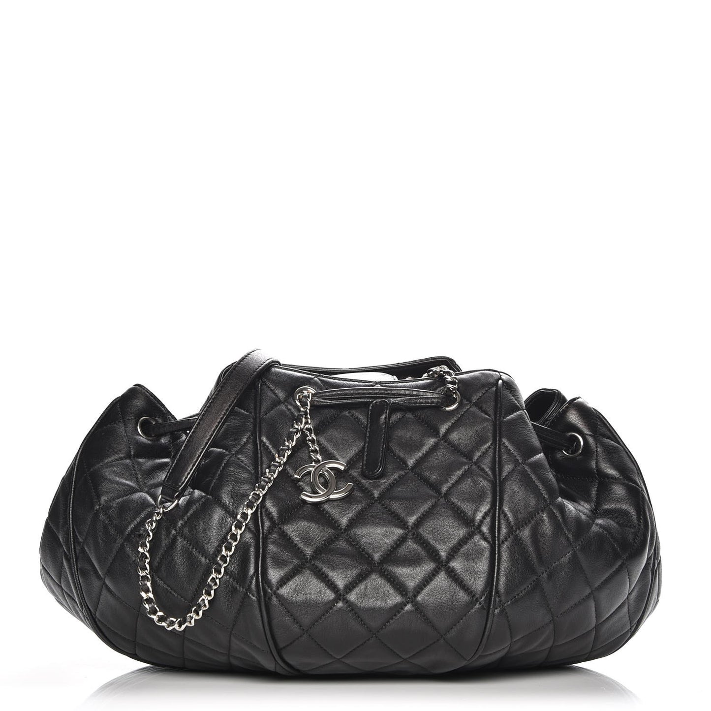 Calfskin Quilted Drawstring Sac Cordon Bag Black