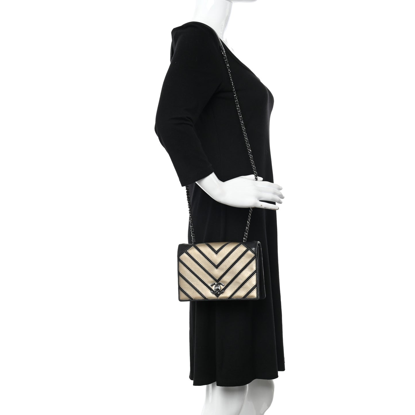 Lambskin Grosgrain Chevron Quilted Small Couture Flap Black Gold