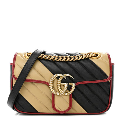 Gucci Vintage Effect Calfskin Matelasse Diagonal Striped Mini Torchon GG Marmont Shoulder Bag Black Beige 1 of 10