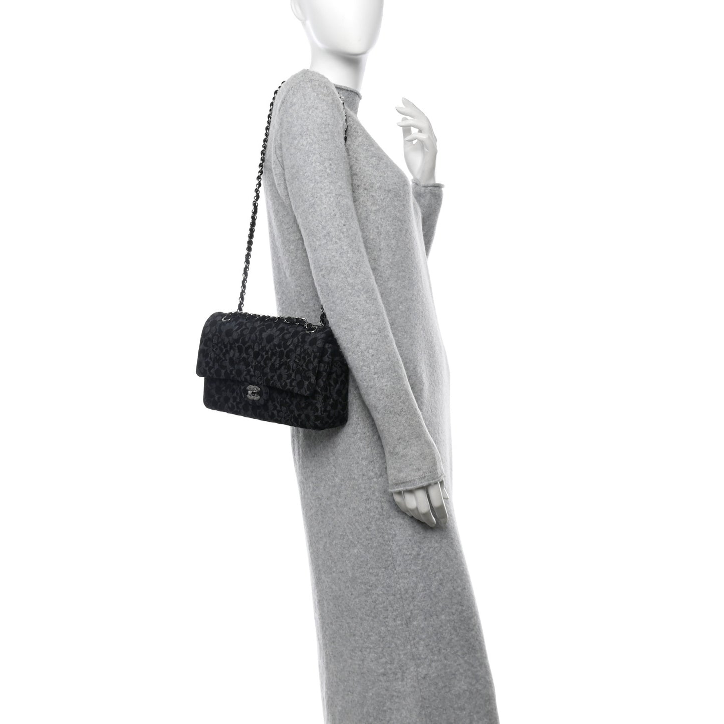 Printed Denim Quilted Flower Medium Double Flap Black