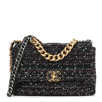 Chanel Tweed Sequin Quilted Large Chanel 19 Flap Black Multicolor 1 of 8