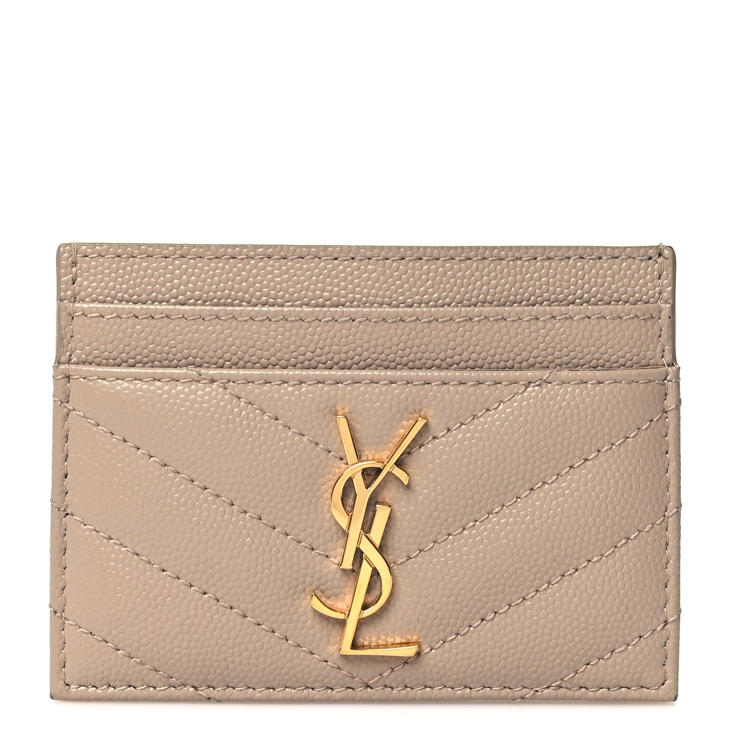 Saint Laurent Grain De Poudre Matelasse Chevron Monogram Credit Card Case Dark Beige 1 of 8