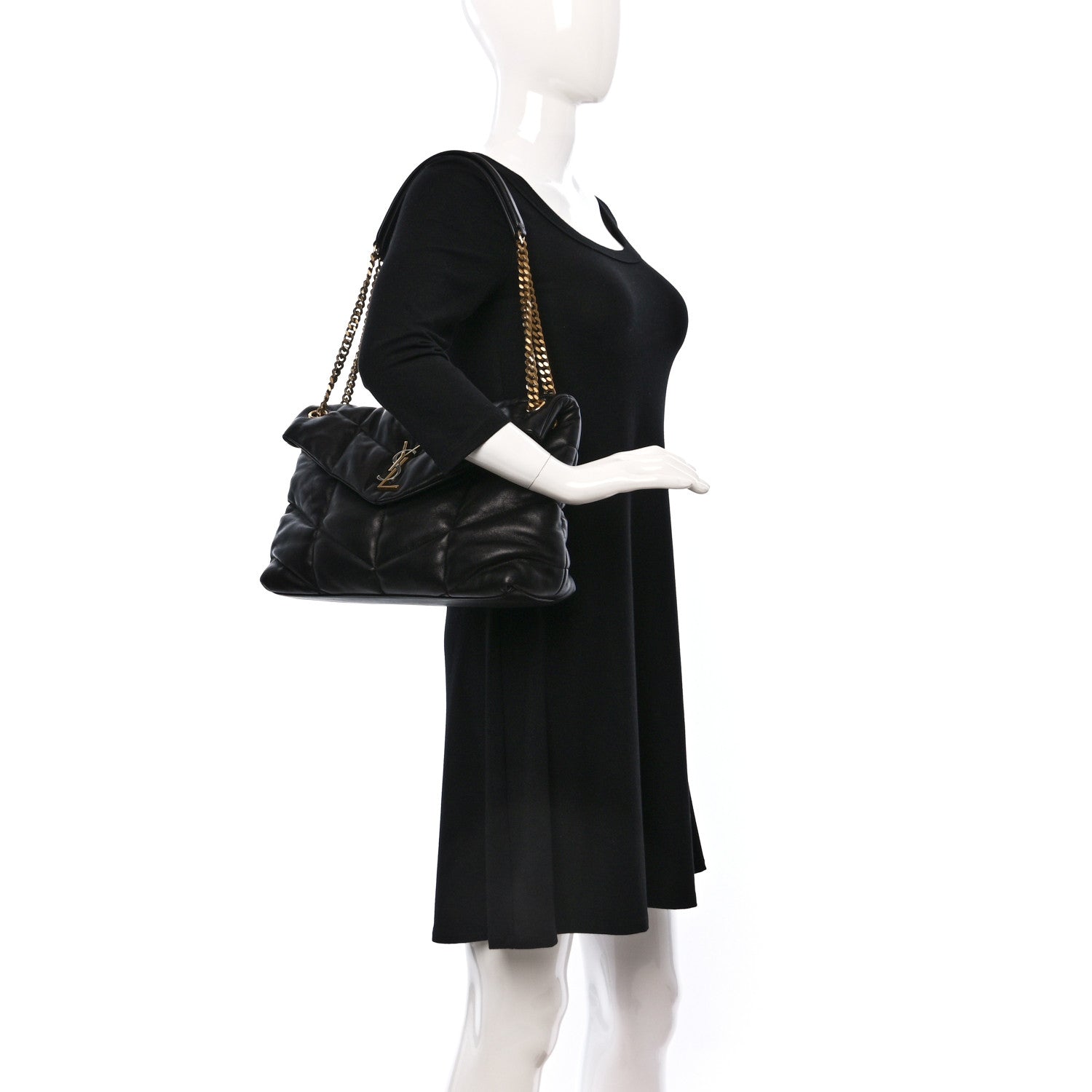 Saint Laurent Lambskin Quilted Tri-Metal Medium Loulou Puffer Monogram Chain Satchel Black 2 of 9