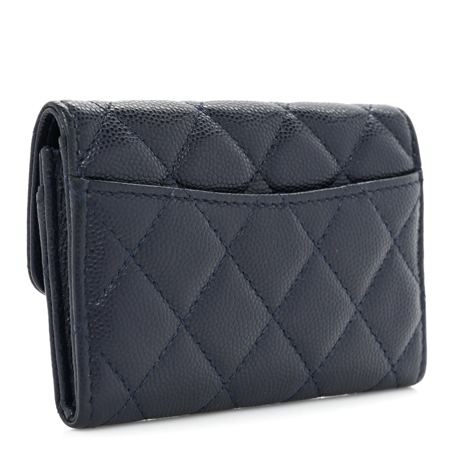 Caviar Quilted Flap Card Holder Wallet Navy