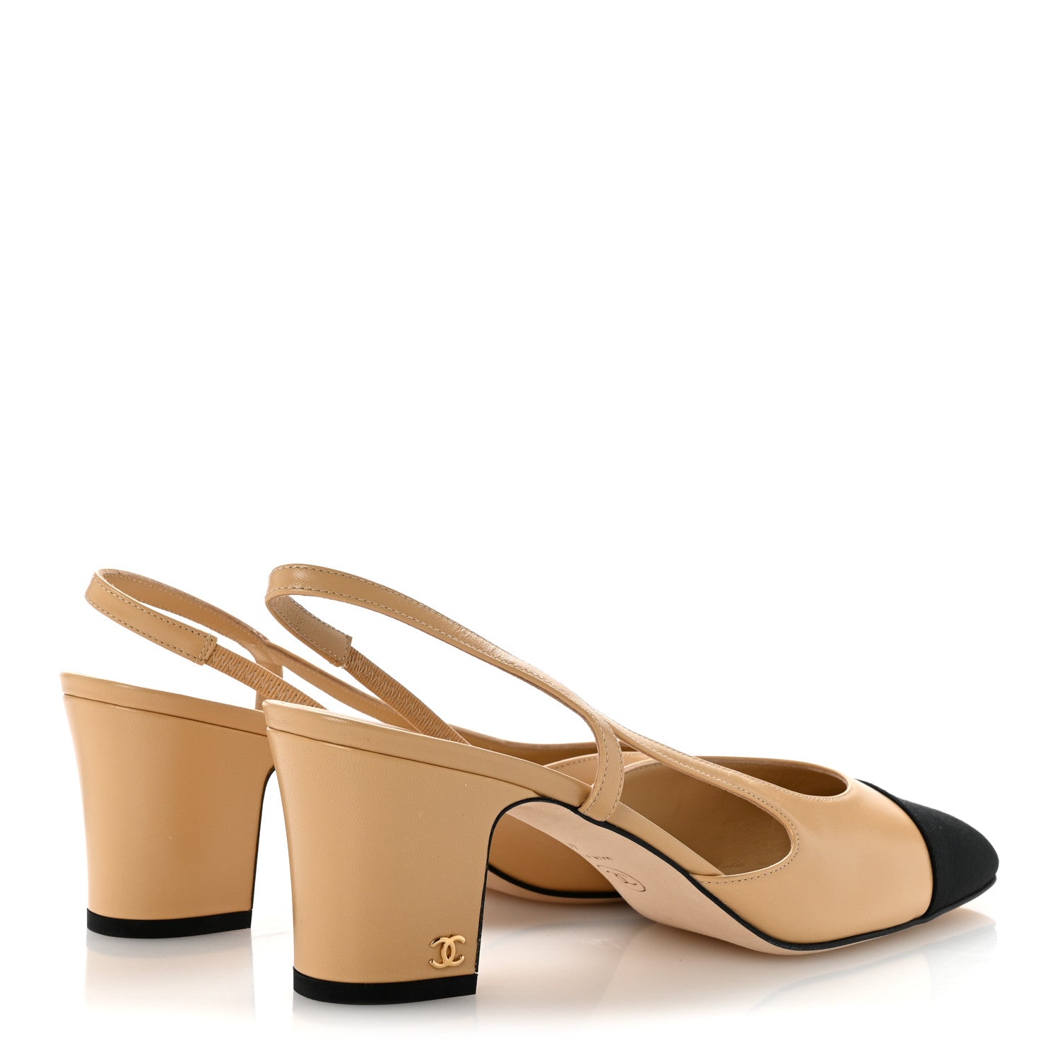 Chanel Goatskin Grosgrain Cap Toe CC Slingback Pumps 41 Beige Black 5 of 10
