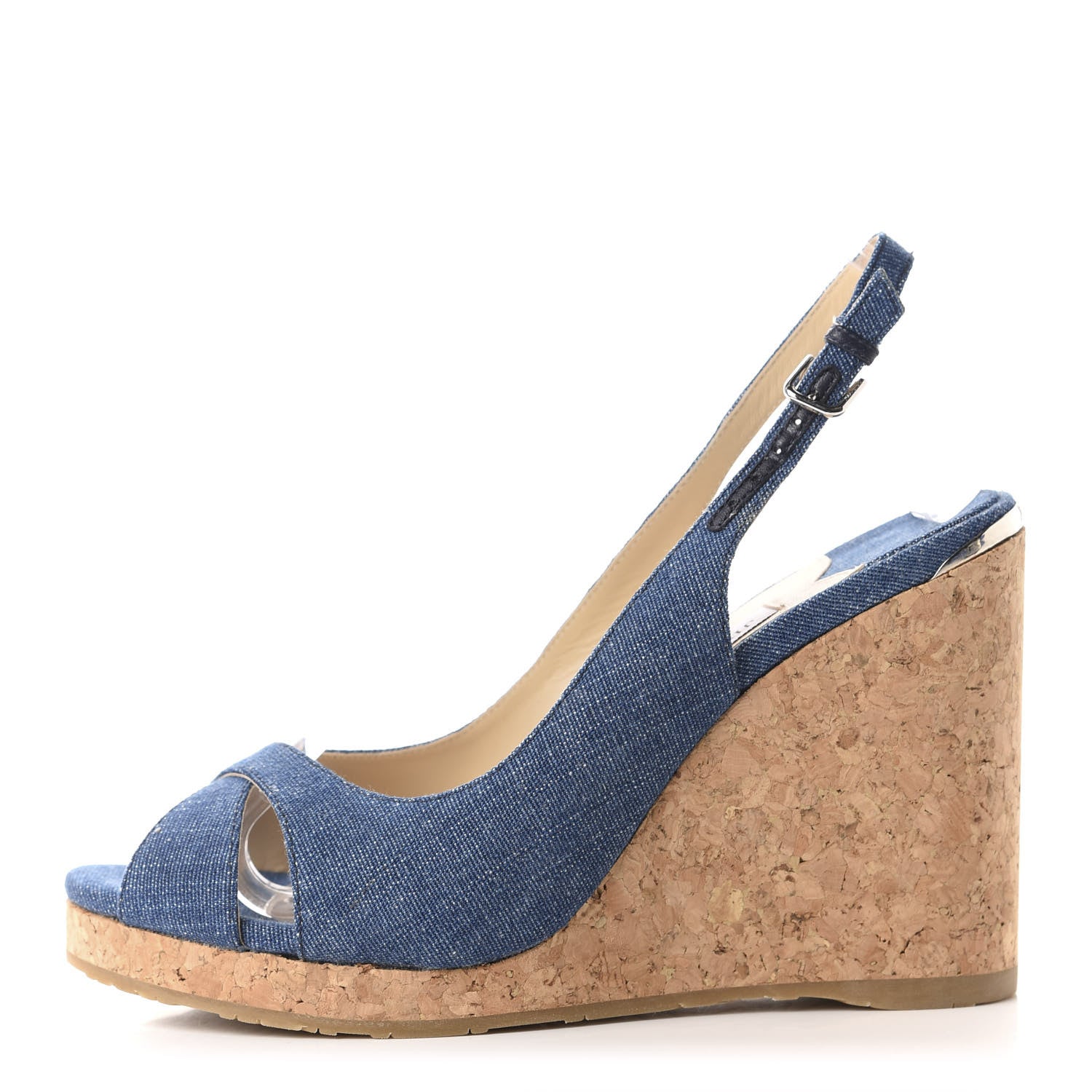 Jimmy Choo Denim Amely 105 Slingback Wedge Sandals 39.5 Navy 1 of 9