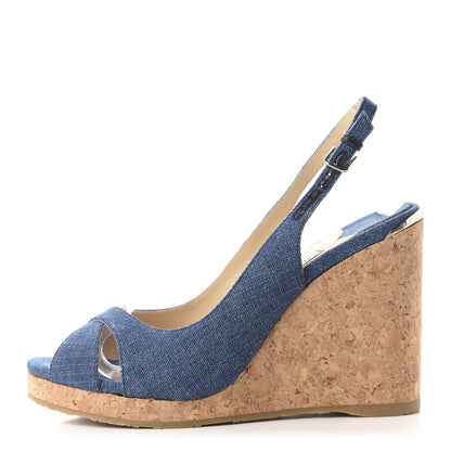 Jimmy Choo Denim Amely 105 Slingback Wedge Sandals 39.5 Navy 1 of 9
