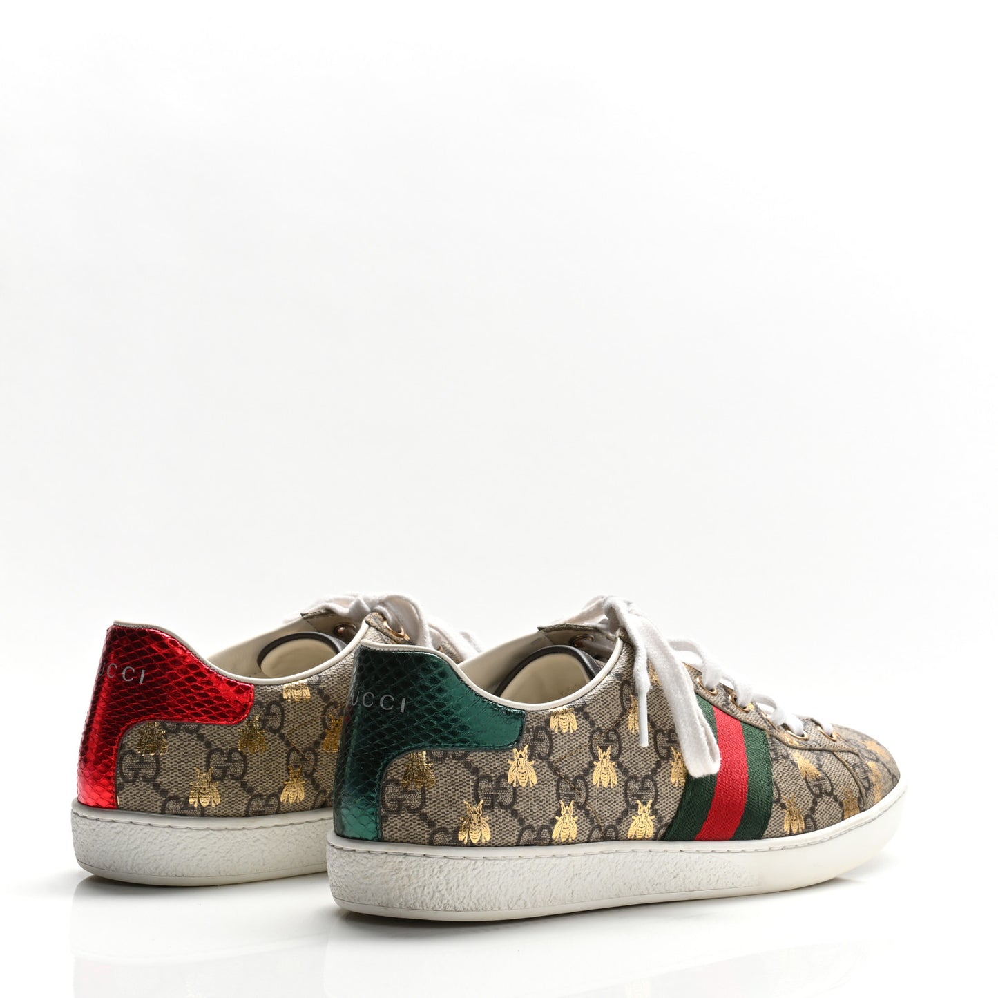 GG Supreme Monogram Bees Ayers Web Womens Ace Sneakers 37.5 Beige Oro Green Red
