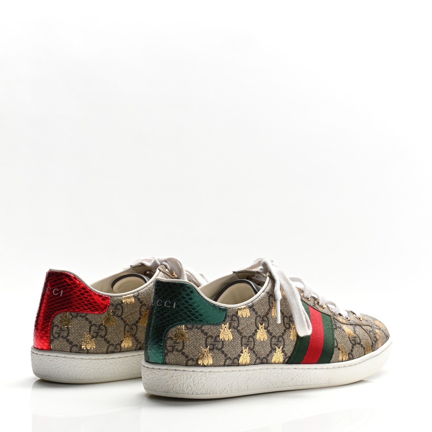 Gucci GG Supreme Monogram Bees Ayers Web Womens Ace Sneakers 37.5 Beige Oro Green Red 5 of 10
