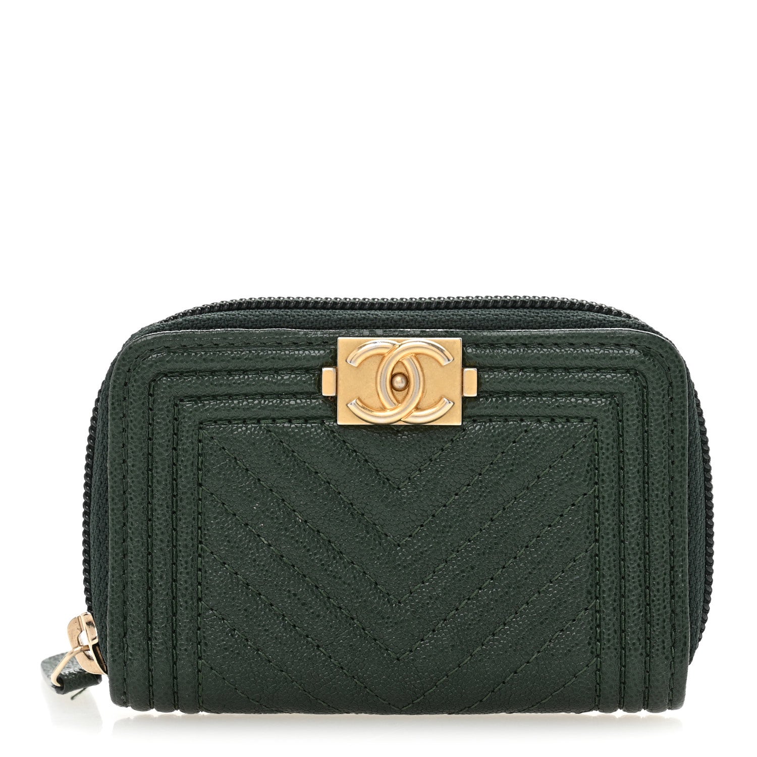Chanel Caviar Chevron Quilted Boy Zip Around Coin Purse Wallet Dark Green 1 of 8