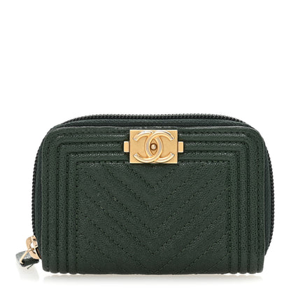 Chanel Caviar Chevron Quilted Boy Zip Around Coin Purse Wallet Dark Green 1 of 8