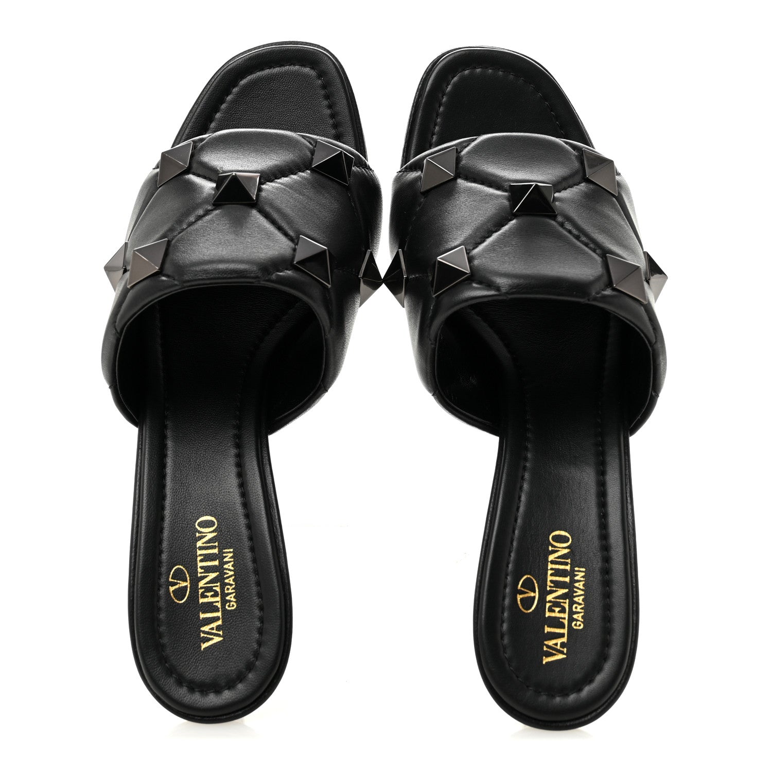 VALENTINO GARAVANI BLACKサンダル 39 1/2 25cm Valentino Garavani Nappa Quilted Monochrome Roman Stud 65mm Slide