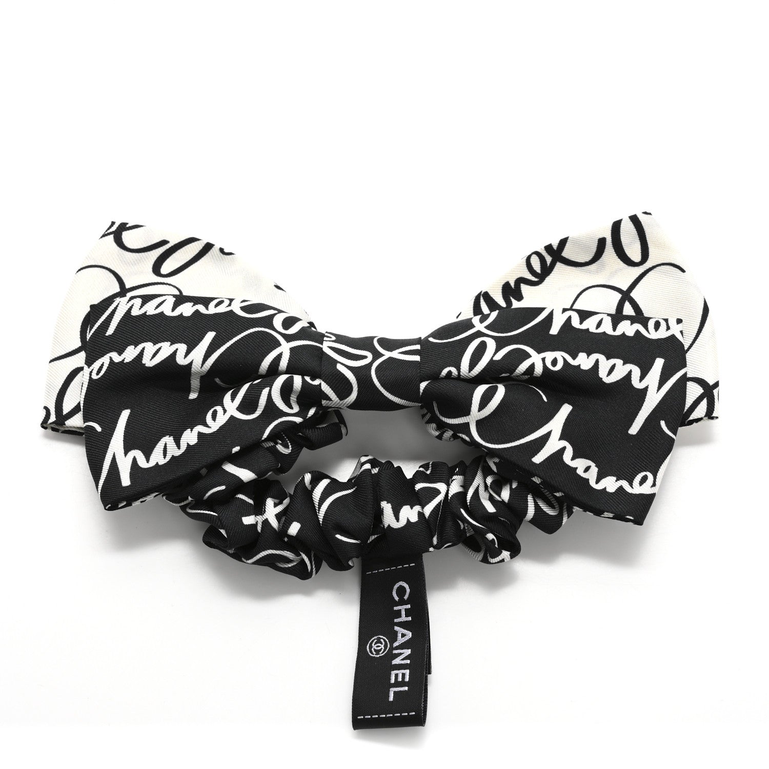 Chanel Silk Twill Logo Bow Hair Tie Black White 1 of 6
