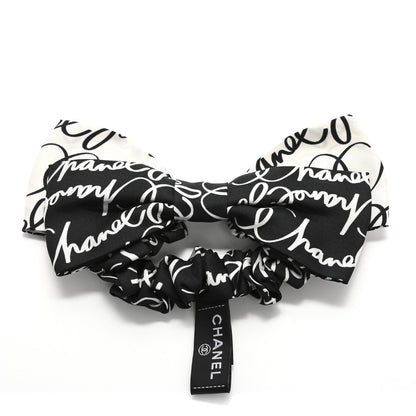 Chanel Silk Twill Logo Bow Hair Tie Black White 1 of 6