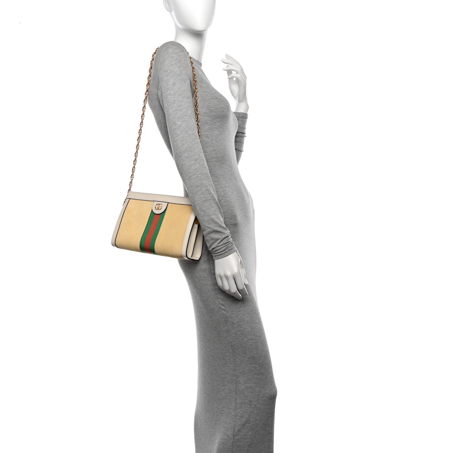 Gucci Suede Calfskin GG Web Small Ophidia Chain Shoulder Bag Burro New Mystic White 2 of 10