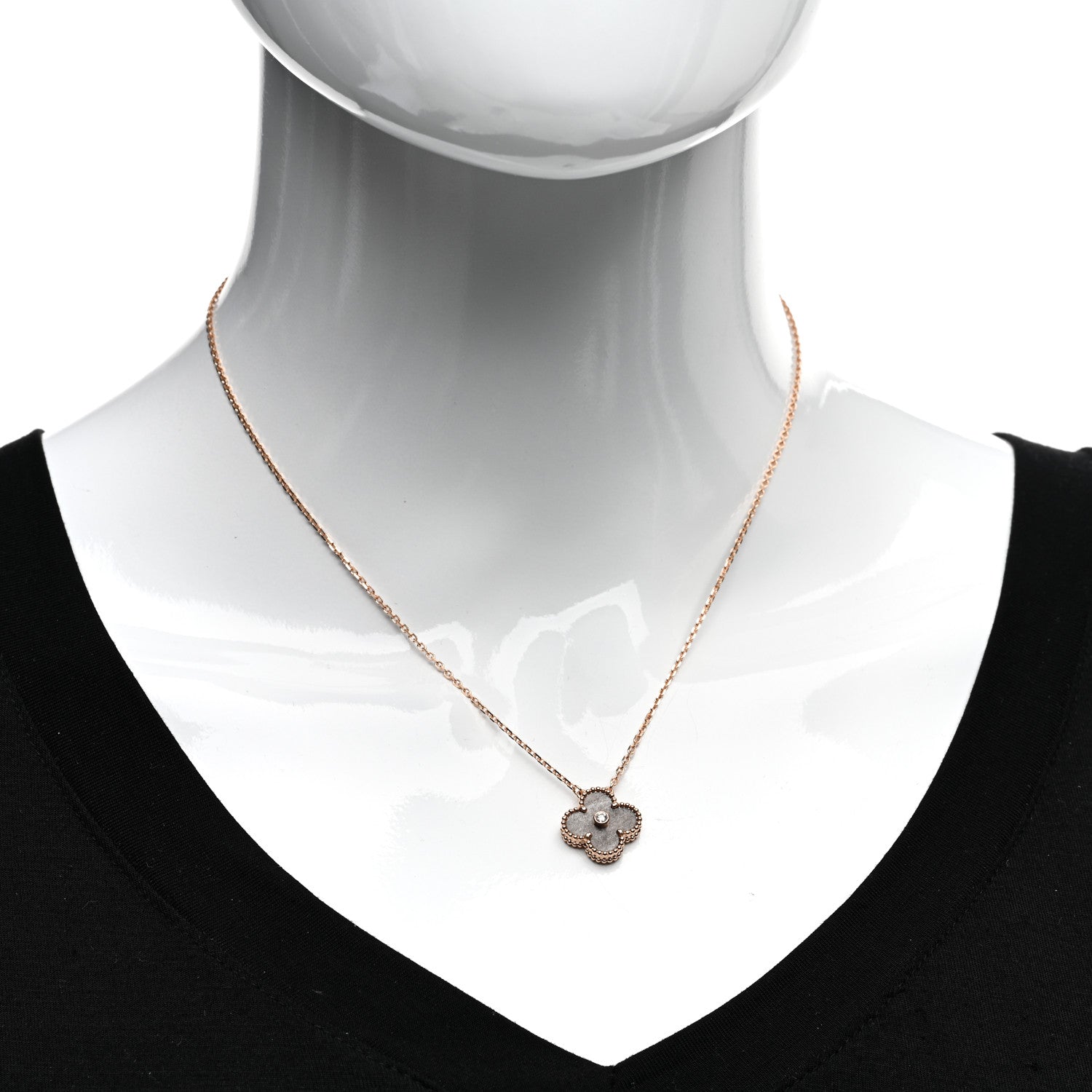 Van Cleef & Arpels 18K Rose Gold Diamond Silver Obsidian Vintage Alhambra Pendant Necklace 2 of 4