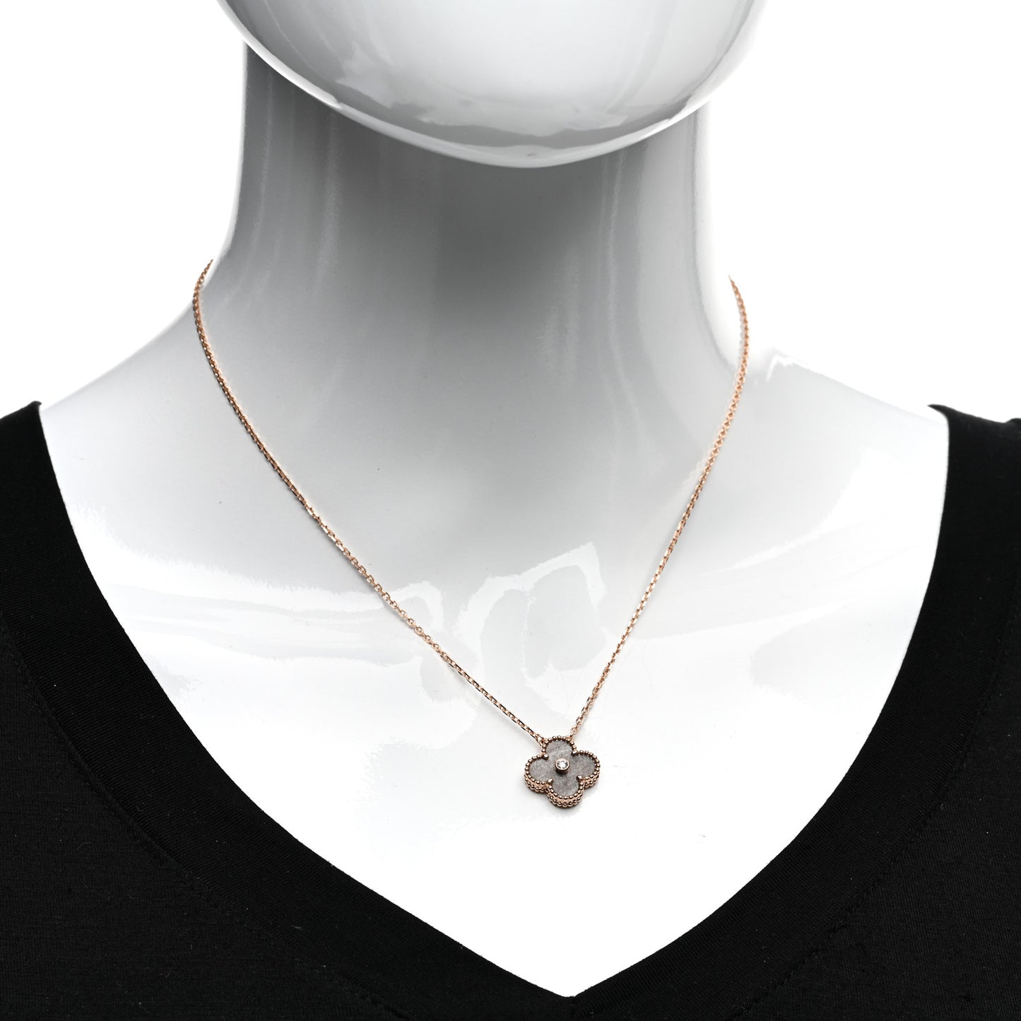 18K Rose Gold Diamond Silver Obsidian Vintage Alhambra Pendant Necklace