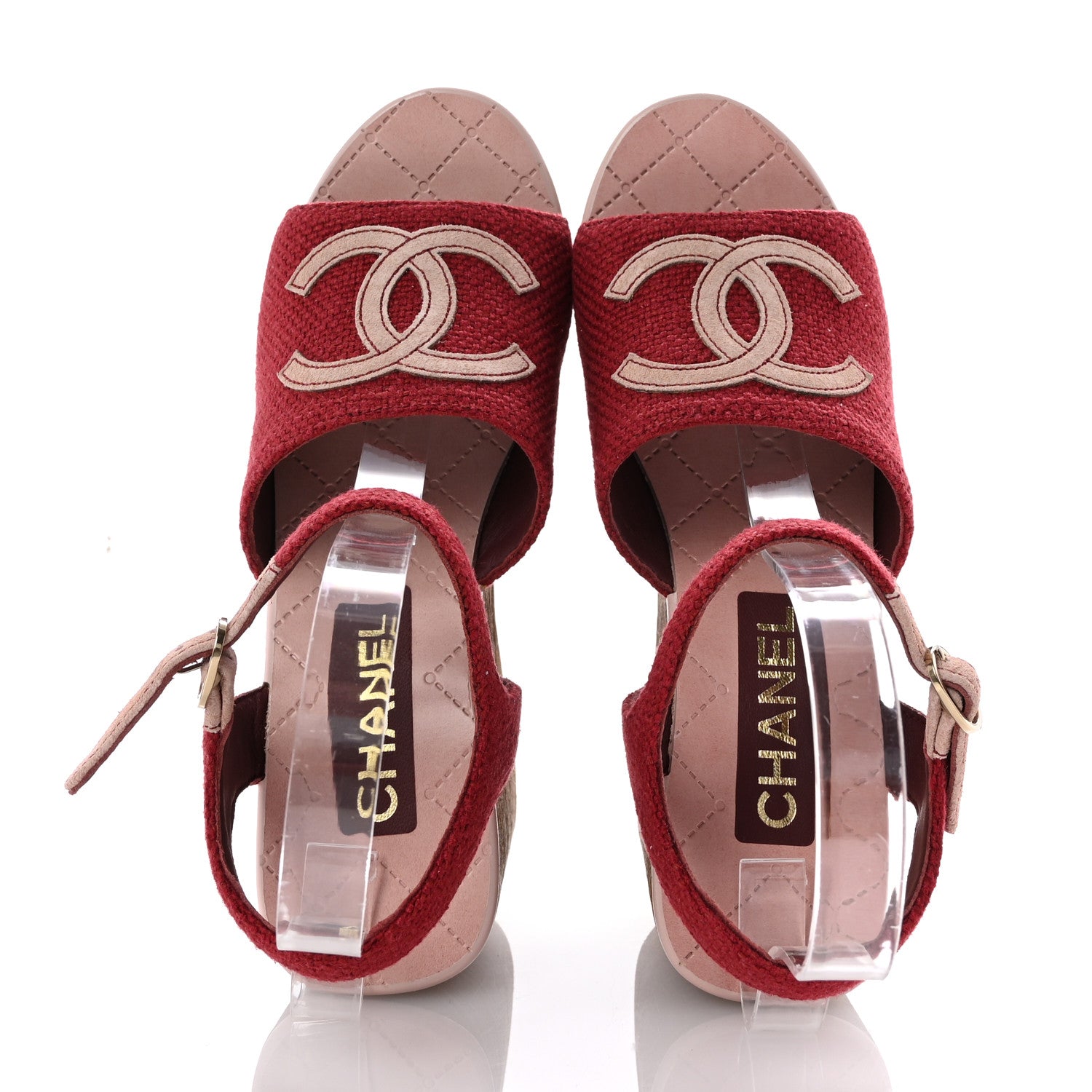 Chanel Fabric Calfskin Platform Wedge Sandals 37 Dark Red Light Pink 2 of 9