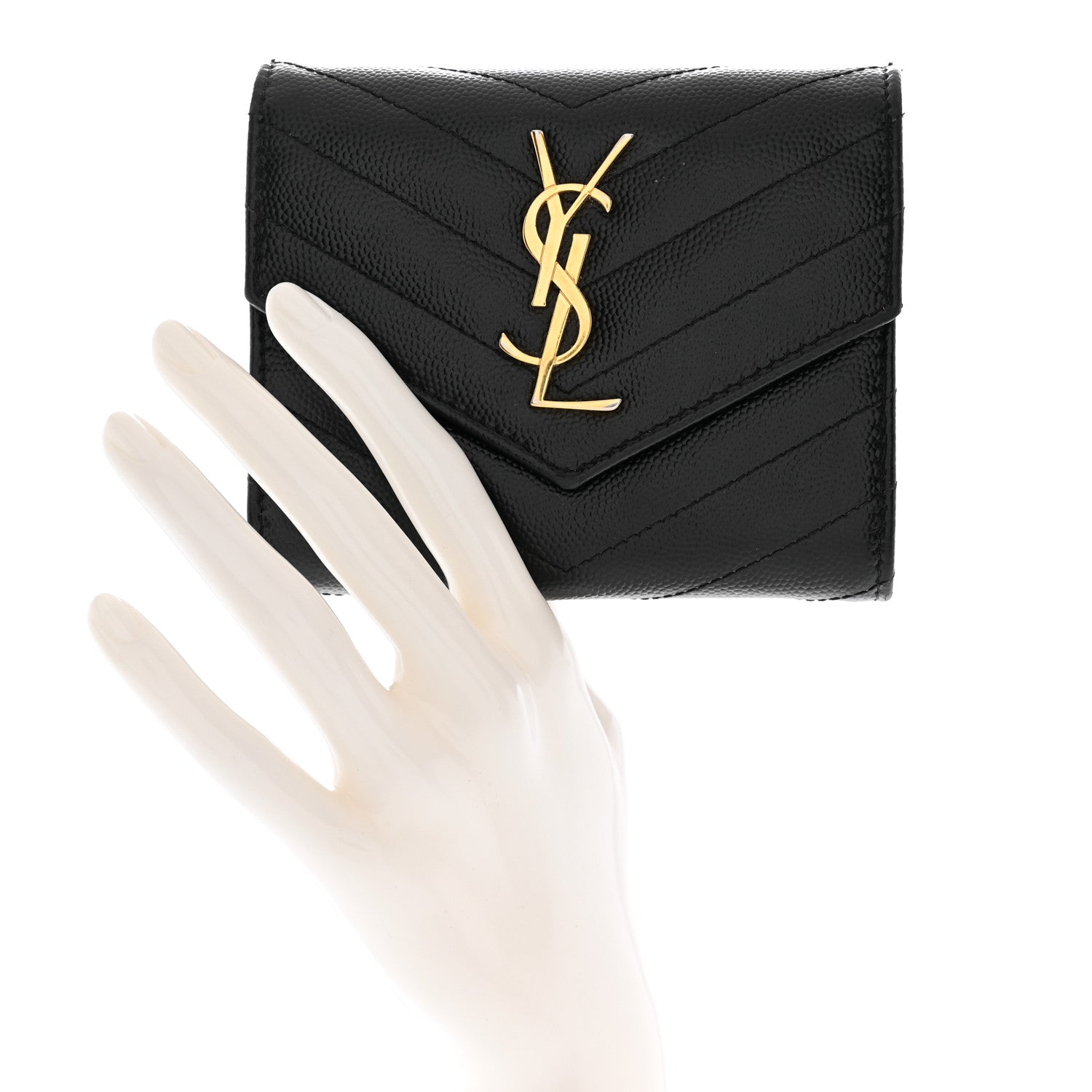 Saint Laurent Grain De Poudre Matelasse Chevron Monogram Compact Tri Fold Wallet Black 2 of 11