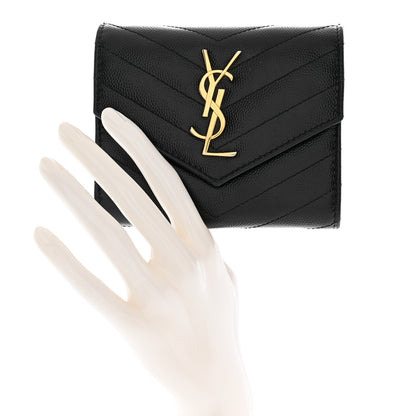 Saint Laurent Grain De Poudre Matelasse Chevron Monogram Compact Tri Fold Wallet Black 2 of 11