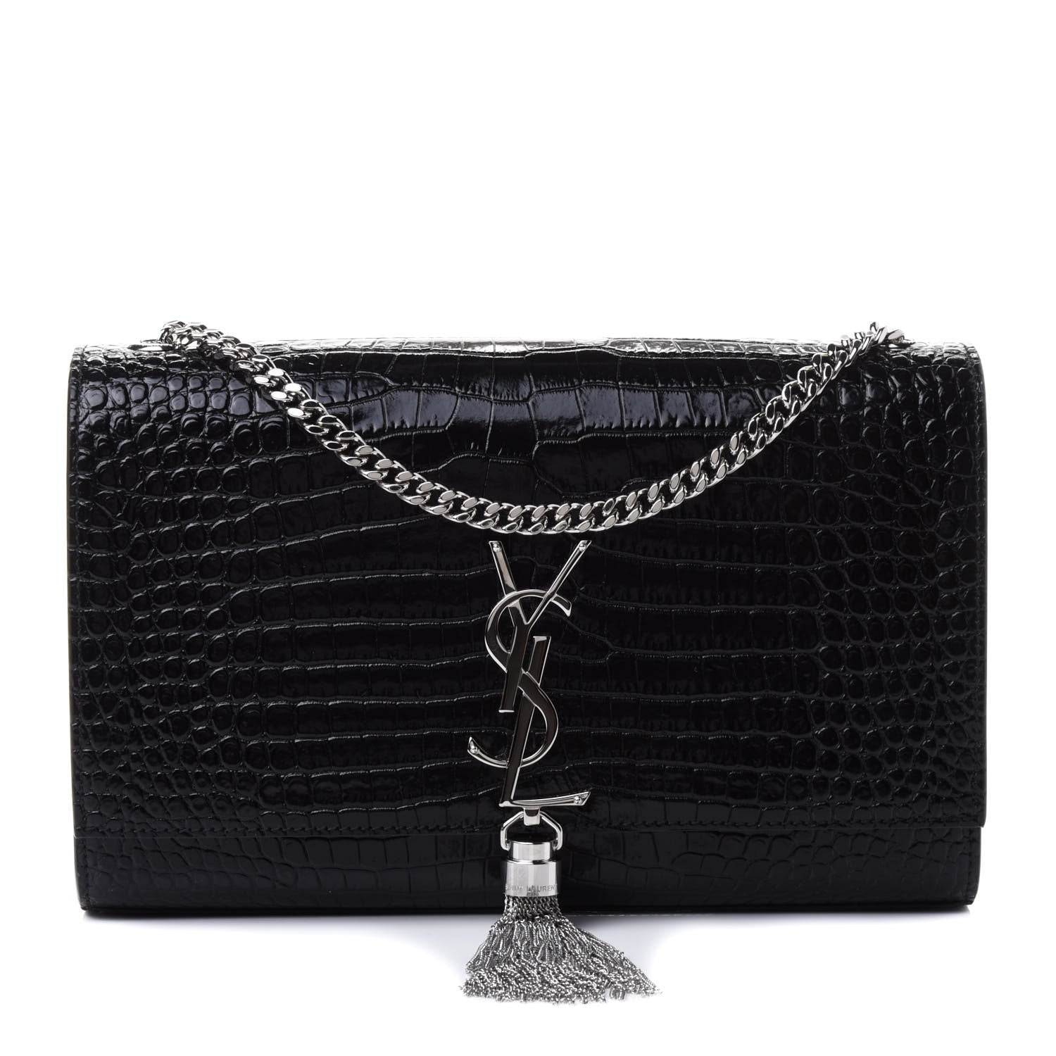 Saint Laurent Calfskin Crocodile Embossed Medium Classic Monogram Kate Tassel Satchel Black 1 of 4