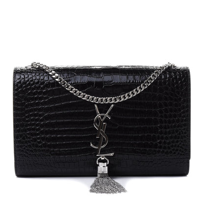 Saint Laurent Calfskin Crocodile Embossed Medium Classic Monogram Kate Tassel Satchel Black 1 of 4