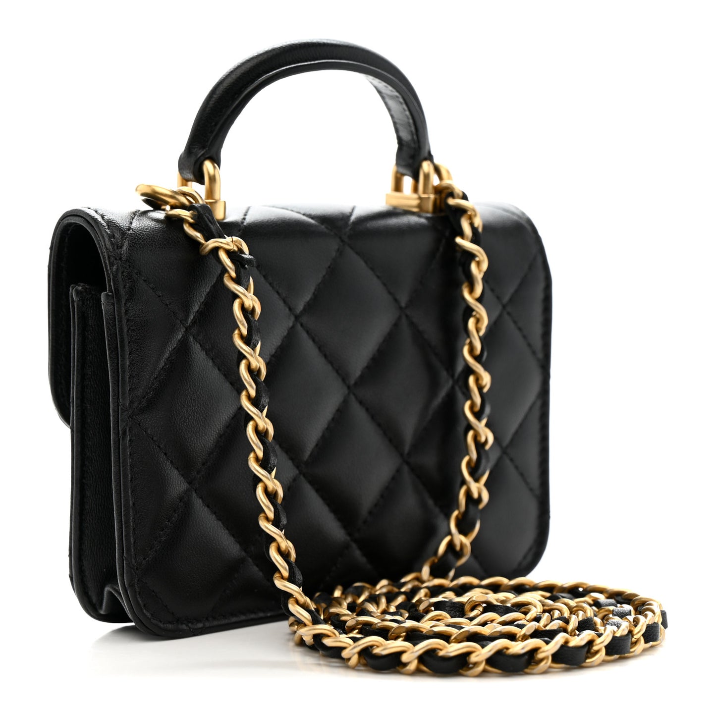 Lambskin Quilted Top Handle Flap Coin Purse With Chain Black