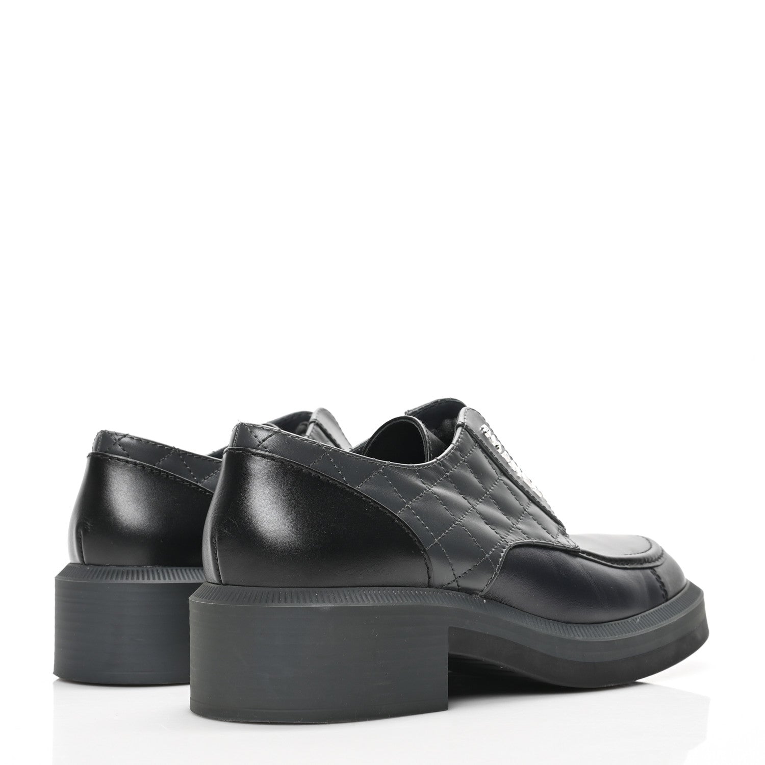 Chanel Calfskin Quilted Logo Lace Up Loafers 41 Black Grey 4 of 7