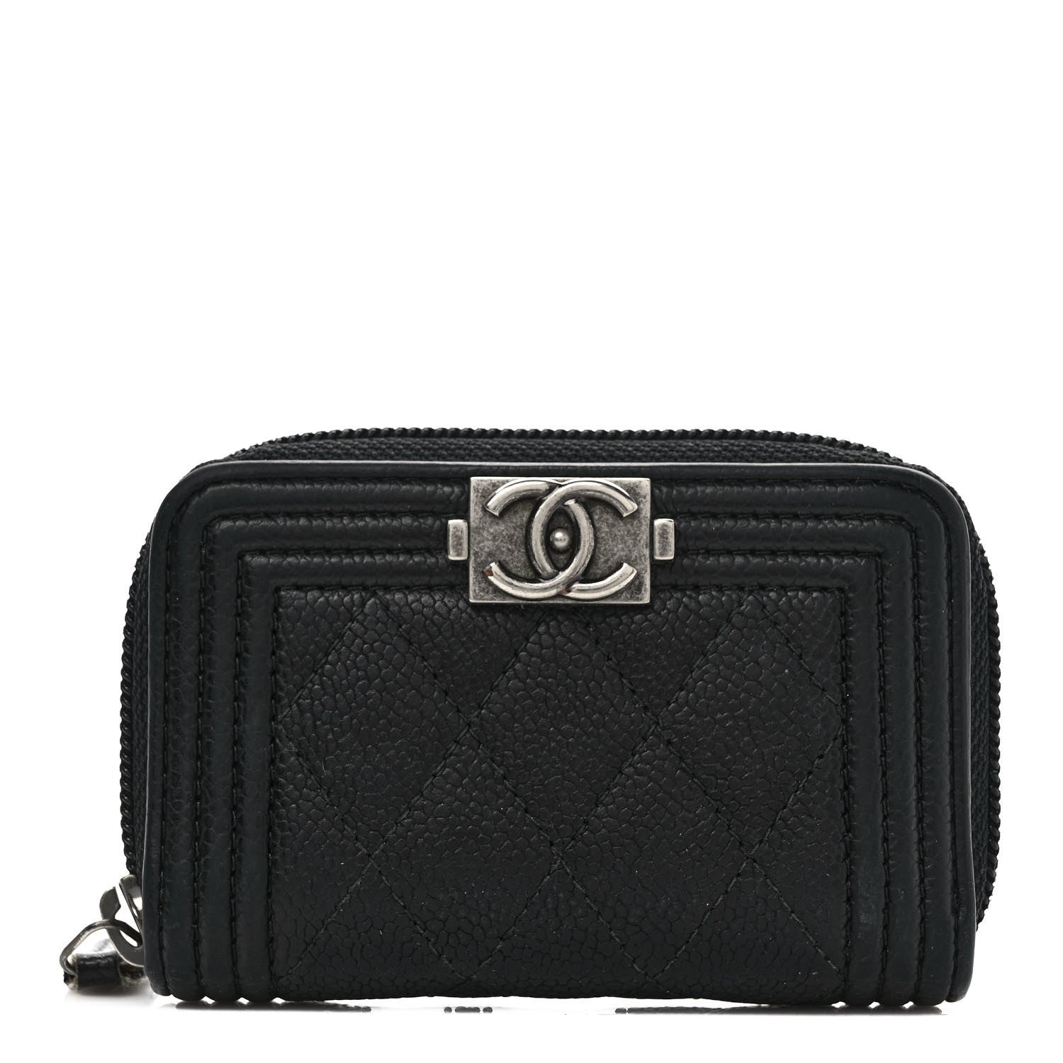 Chanel Caviar Quilted Boy Zip Around Coin Purse Wallet Black