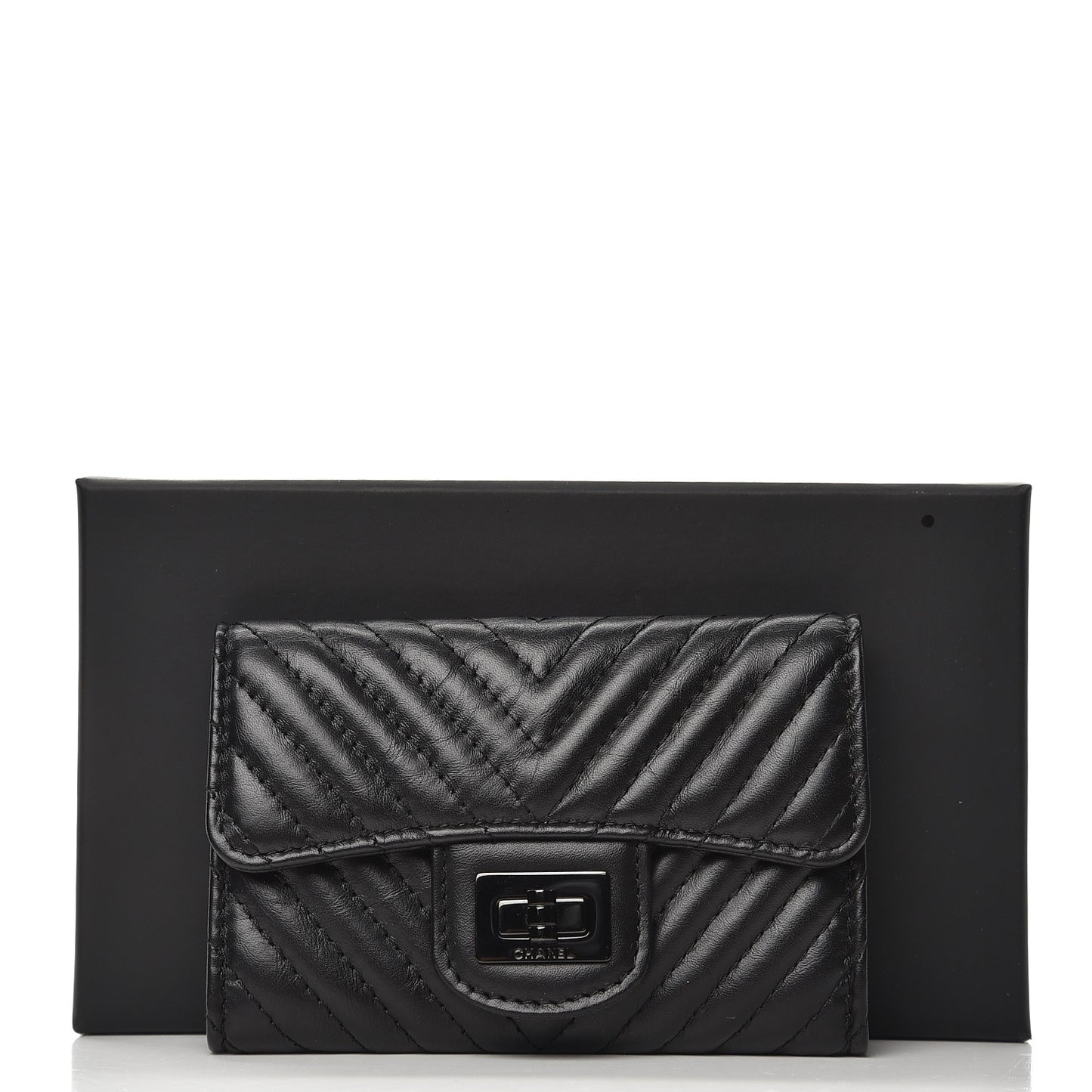 Aged Calfskin Chevron Quilted Card Holder Wallet So Black