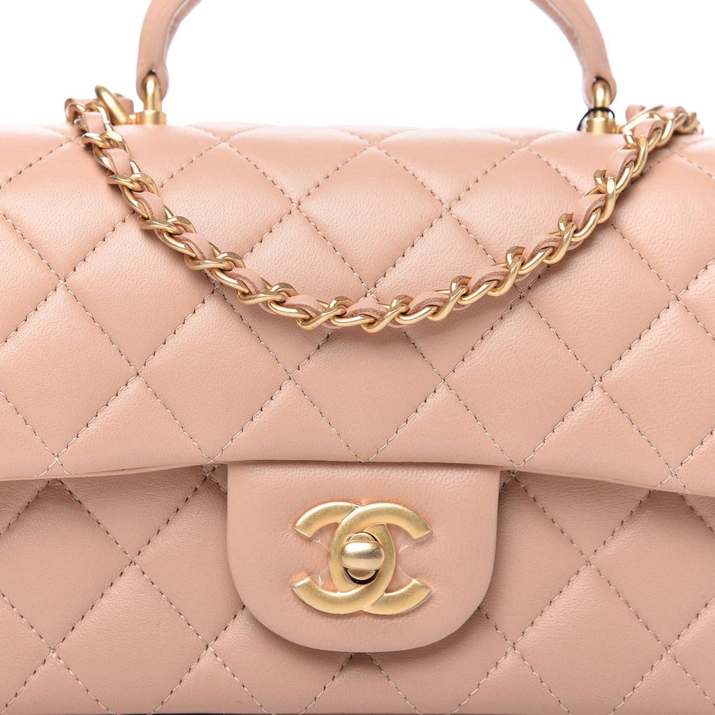 Lambskin Quilted Mini Top Handle Rectangular Flap Beige