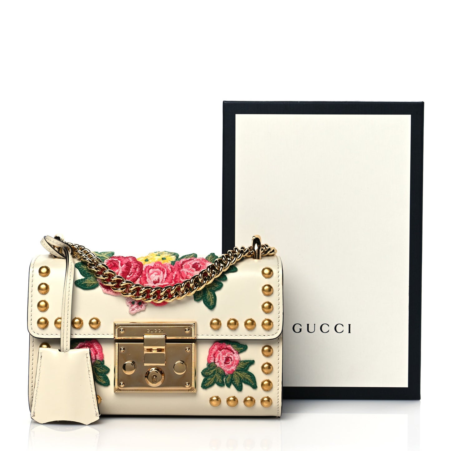 Calfskin Floral Embroidered Small Padlock Shoulder Bag White