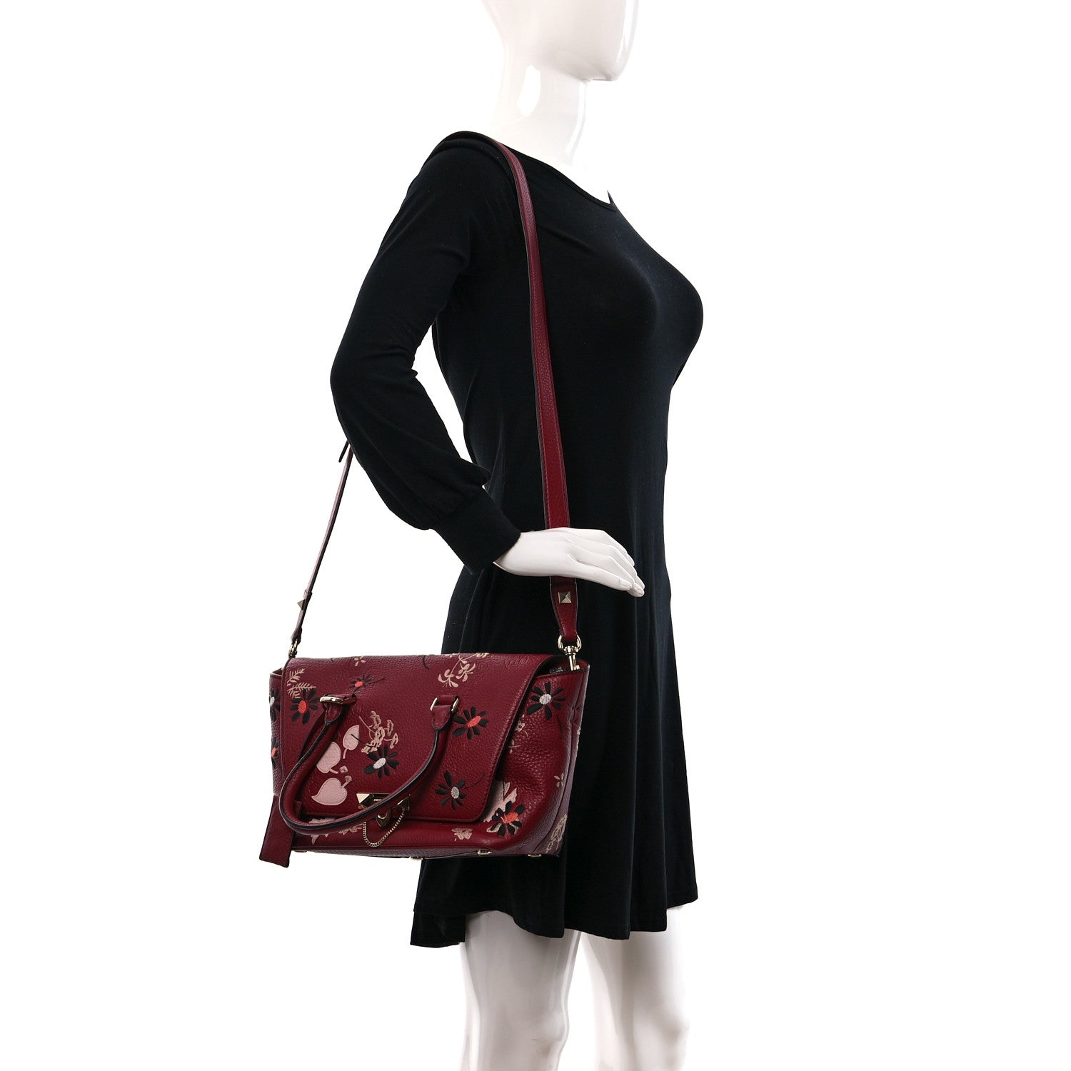 Valentino Garavani Alce Printed Calfskin Flower Embroidered Demilune Double Handle Satchel 2 of 12