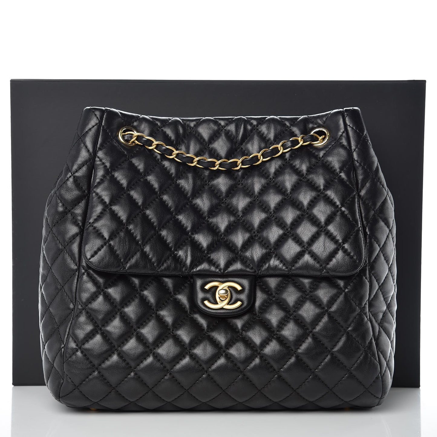 Lambskin Quilted Large Fluffy CC Shopping Tote Black