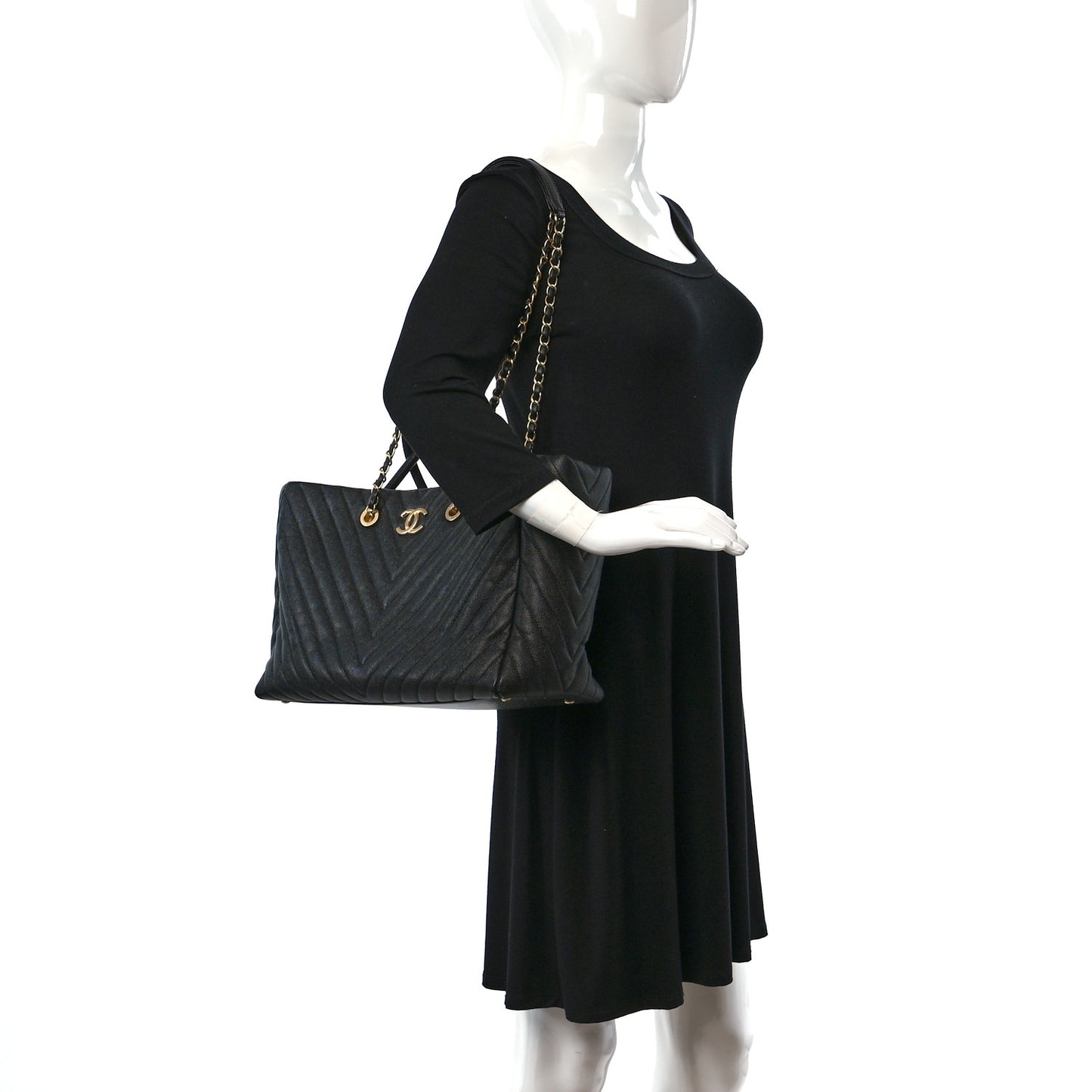Caviar Chevron Quilted Coco Handle Shopping Tote Black