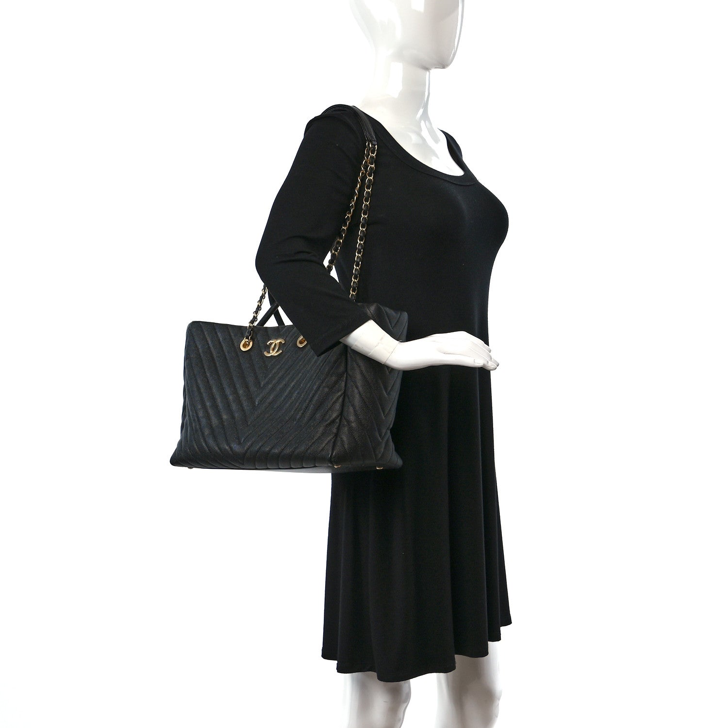 Chanel Caviar Chevron Quilted Coco Handle Shopping Tote Black 2 of 11