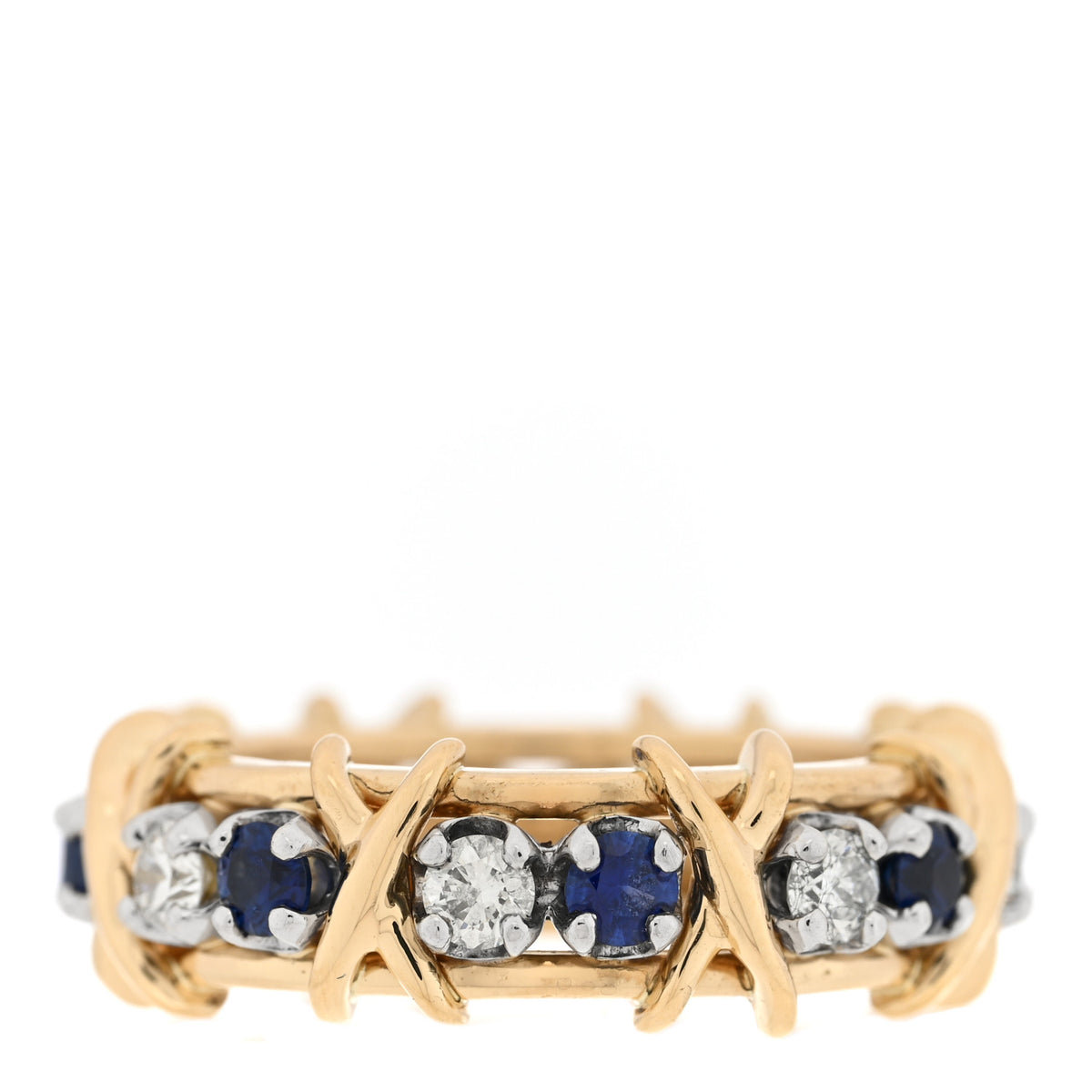 18K Yellow Gold Diamond Blue Sapphire Schlumberger Sixteen Stone Ring 57 8