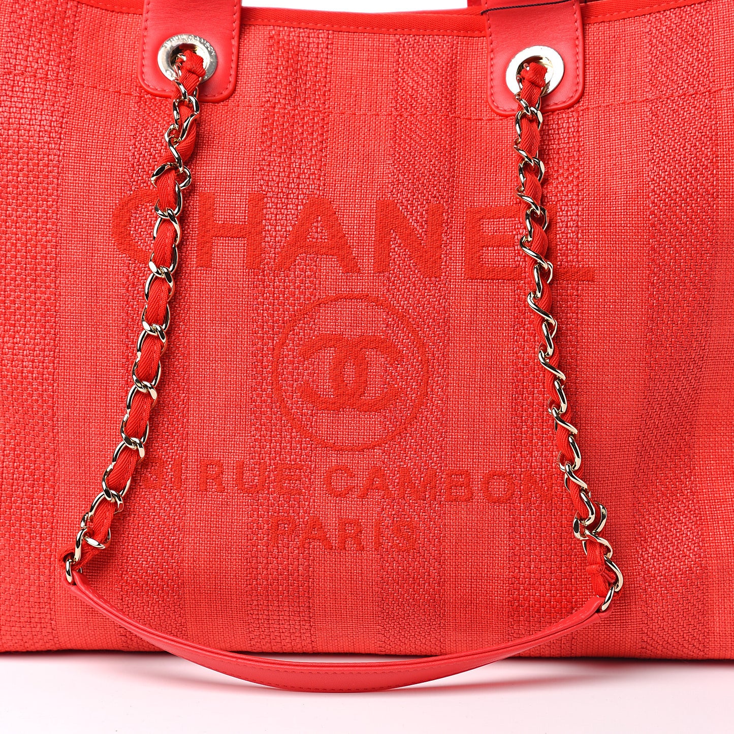 Straw Raffia Calfskin Striped Medium Deauville Tote Red