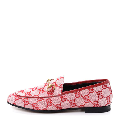 Gucci Canvas GG Monogram Horsebit Womens Jordaan Loafers 36 Gardenia Hibiscus Red 1 of 11