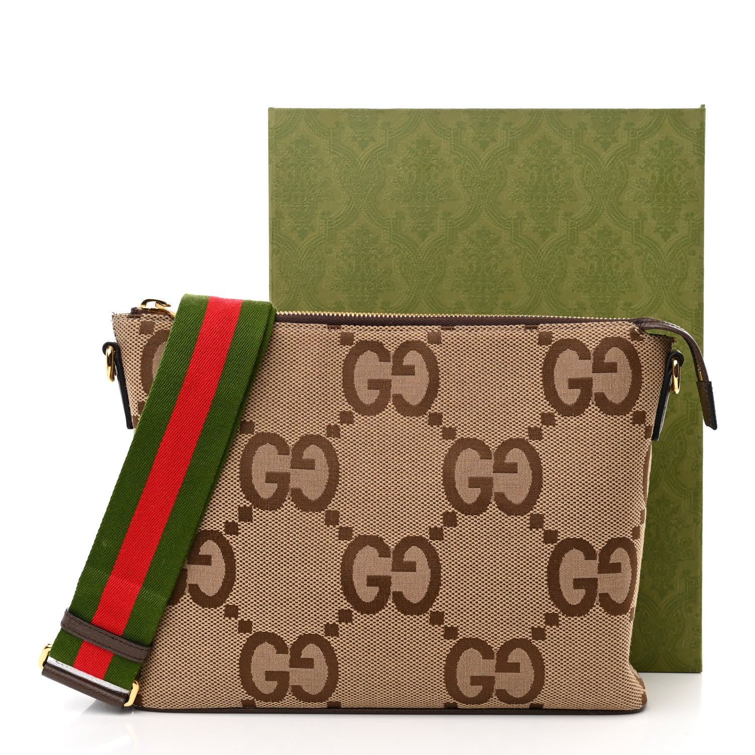 Gucci Monogram Jumbo GG Textured Dollar Calfskin Web Wristlet Messenger Bag Camel Ebony New Acero 14 of 14