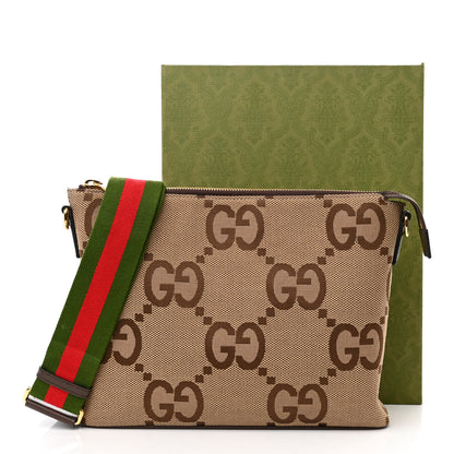 Gucci Monogram Jumbo GG Textured Dollar Calfskin Web Wristlet Messenger Bag Camel Ebony New Acero 14 of 14
