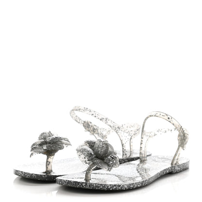 Chanel Jelly Camellia Glitter Thong Sandals 37 Grey 3 of 7