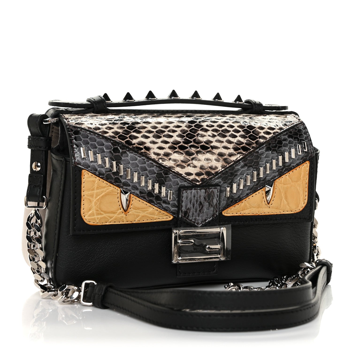 Fendi Calfskin Elaphe Crocodile Monster Studded Micro Double Baguette Black Grigio Polvere 3 of 13