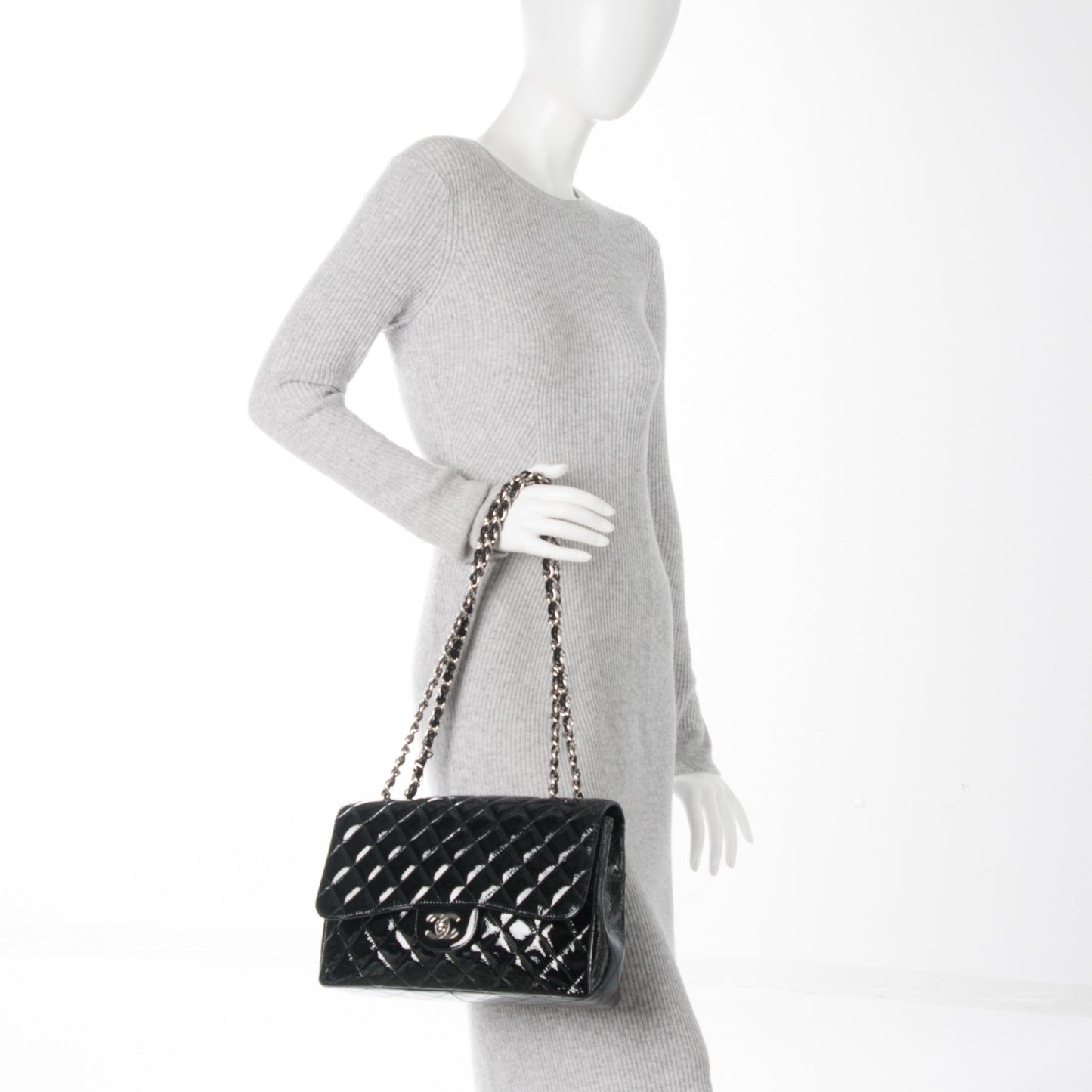 Distressed Patent Quilted Jumbo Single Flap Black
