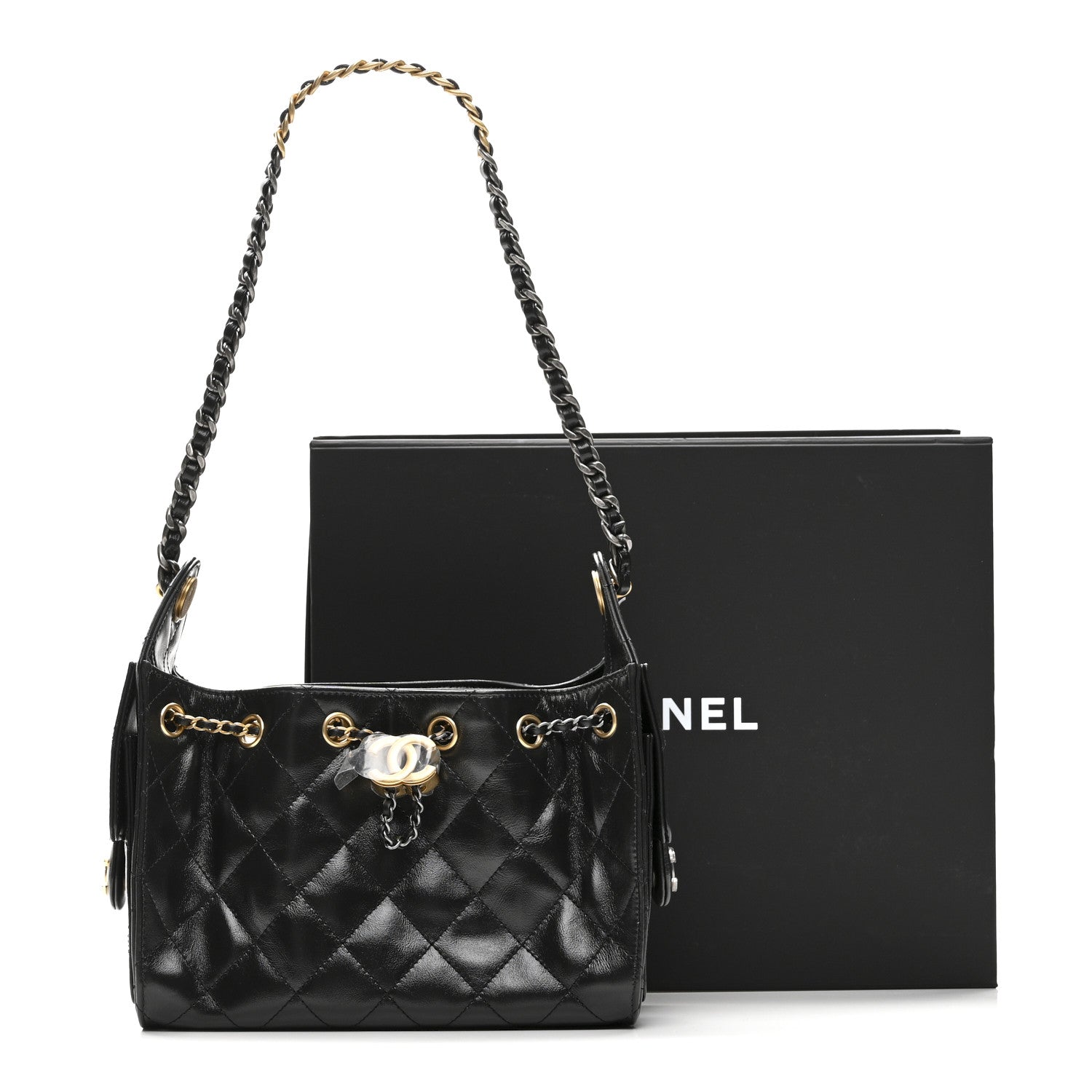 Chanel Shiny Crumpled Quilted Mini Chanel 25 Handbag Black 1774613