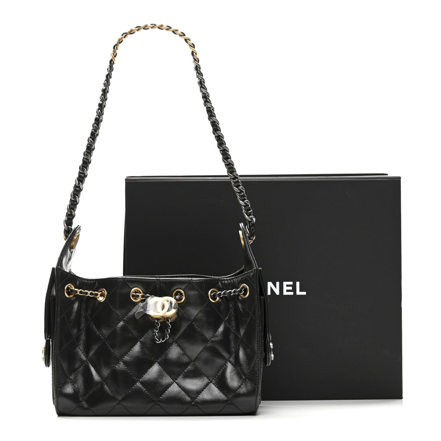 Shiny Crumpled Quilted Mini Chanel 25 Handbag Black