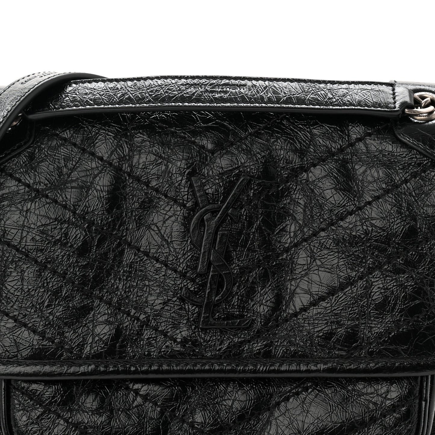 Crinkled Calfskin Matelasse Monogram Baby Niki Chain Satchel Black